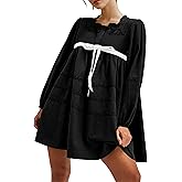MISSACTIVER Women Long Puff Sleeve Flowy Mini Dress Cute Bow Tie Front Babydoll Dress Trendy Embroidered A-line Tunic Dresses