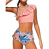 Arshiner Girls Two Piece Swimsuit Ruffles Flounce Printed Bikini Set Swimwear Girl Bathing Suits with Chest Pad 4-15 Years
