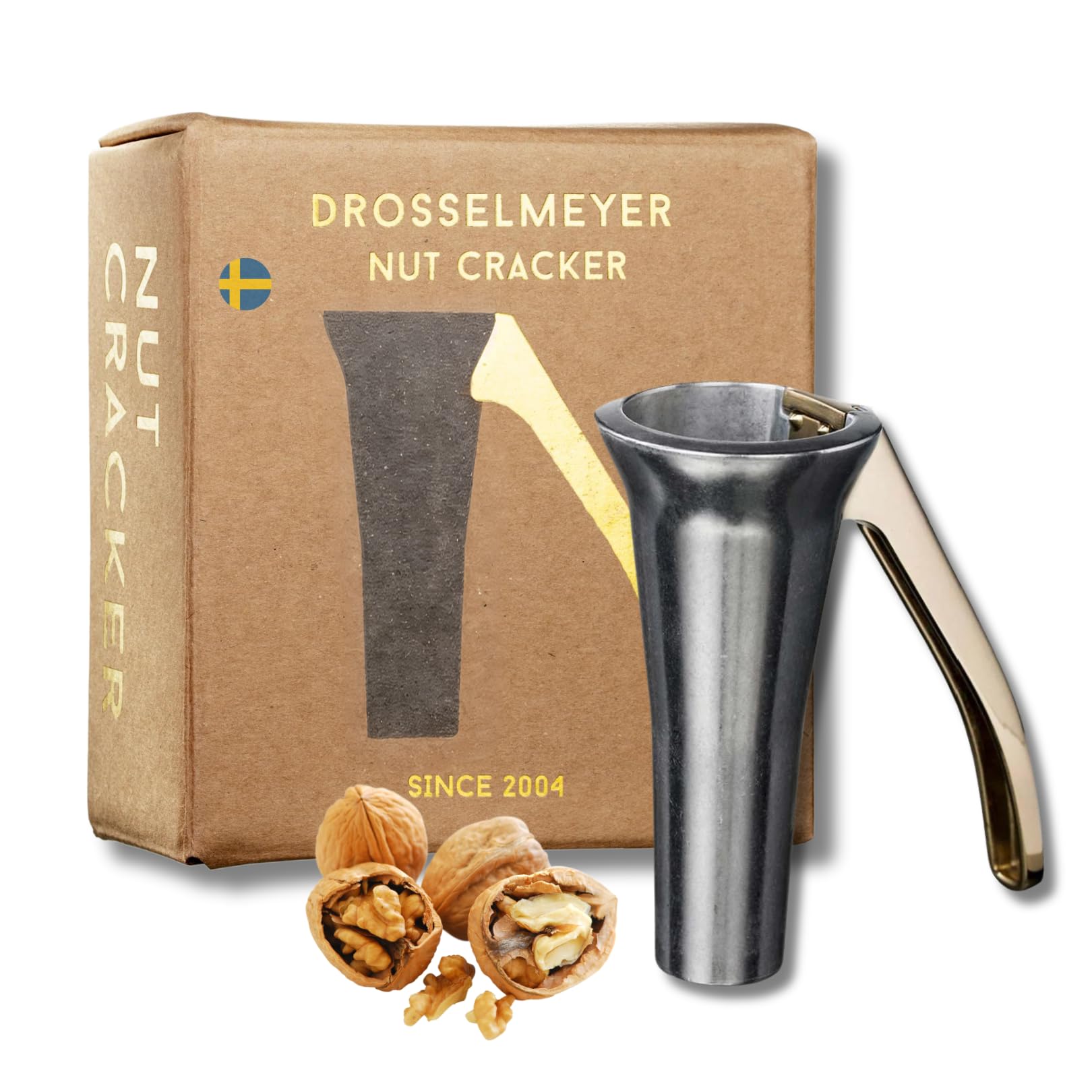Drosselmeyer Nutcracker - Heavy Duty Swedish Nut Cracker for Walnuts, Pecans, Brazil Nuts & All Nuts - Ergonomic Metal Walnut Cracker Tool, No Mess, Dishwasher Safe - Award-Winning Design (Zinc Gold)