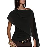 BEAUDRM Women's Ruched Cape One Shoulder T Shirts Short Sleeve Asymmetrical Neck Fitted Crop Top