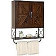 RUSTOWN Farmhouse Medicine Cabinet with 2 Barn Door,Wood Wall Mounted Storage Cabinet with Adjustable Shelf and Towel Bar, 3-Tier Bathroom Cabinet for Bathroom, Living Room(Dark Walnut, Medium)