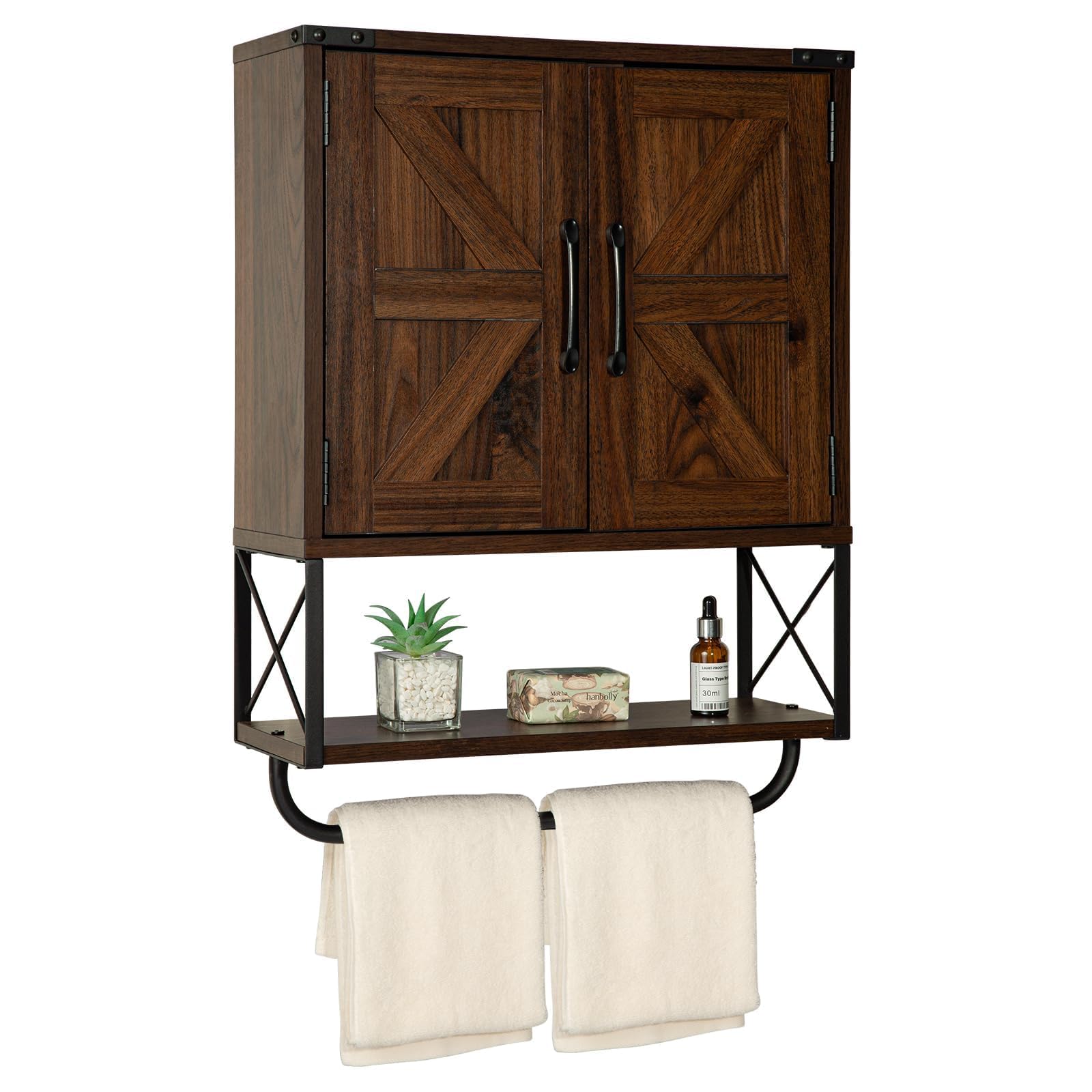 Photo 1 of *unknown missing screws/parts* RUSTOWN Farmhouse Medicine Cabinet with 2 Barn Door,Wood Wall Mounted Storage Cabinet with Adjustable Shelf and Towel Bar, 3-Tier Bathroom Cabinet for Bathroom, Living Room(Dark Walnut, Medium)