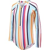 Girls Long Sleeve Rash Guard One Piece Swimsuit Kids UPF 50+ Sun Protection Swimwear Rainbow Striped Bathing Suit 3-14 Years