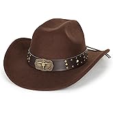 Wide Brim Men and Women's Western Cowboy Hat Fedora-Jazz-Hat with Bull Head Band Decoration
