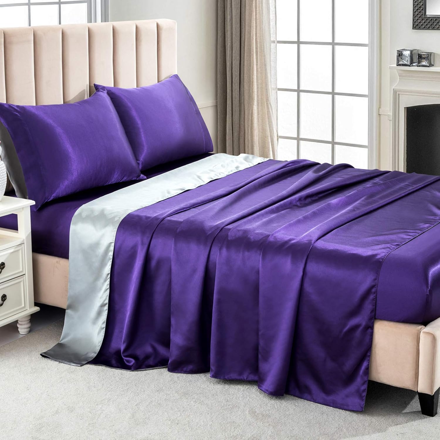 Cobedzy 3 Pcs Satin Sheets Twin Size Double Color Soft Silk