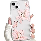 NITITOP Compatible with iPhone 14 Case Clear Cute Butterfly Lily Flower Floral Pattern for Women Girls Full Camera Lens Clear Slim Shockproof Protective Phone Cover - Light Pink