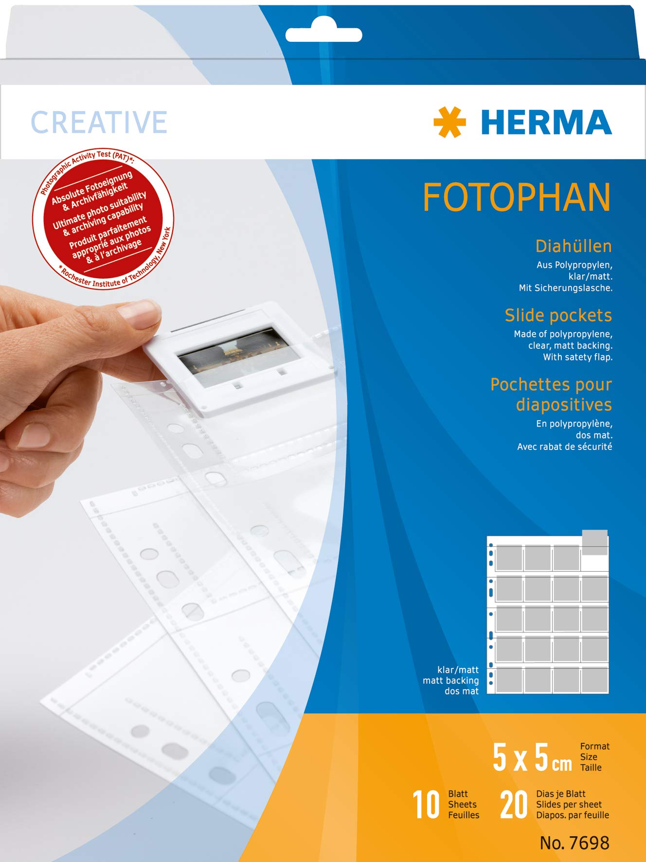 HERMA 7698 Slide Sleeves for Framed Slides, Pack of 10, 5 x 5 cm, 20 Compartments, Clear/Matt, Visible on Both Sides, Fotophan Photo Covers, Collecting Sleeves with Euro Holes for Slide Archiving,