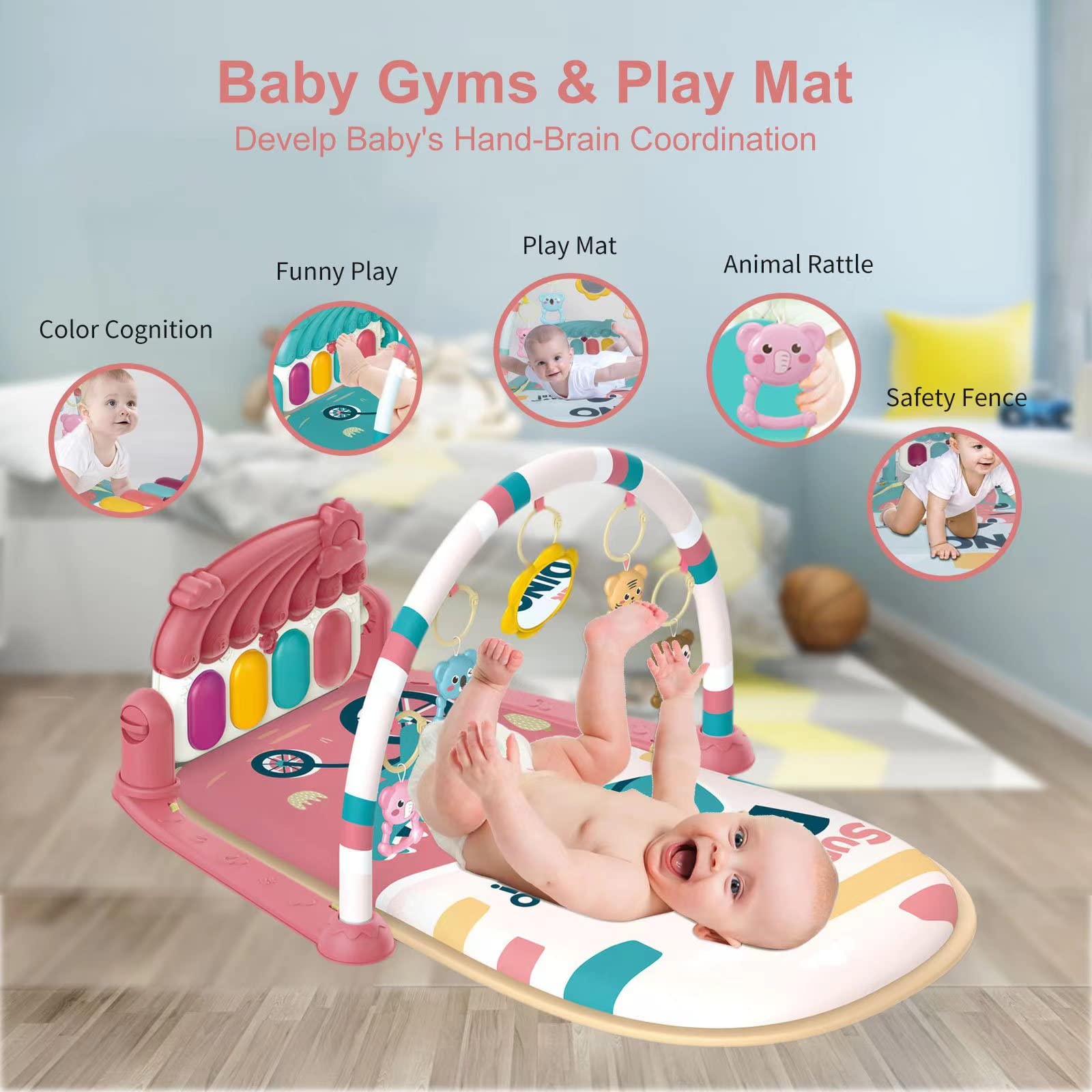 dearlomum Play Mat & Activity Gym, Piano Tummy Time Gym Mat with 5 Infant Sensory Toys, Music and Lights, Gifts for Newborns 0–12 Months (Pink)