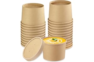 WUADUA 12 oz 25 Pack Paper Soup Containers with lids, Disposable Kraft Food Cups, Soup Cups Paper Ice Cream Cup, Dessert Cup, Yogurt Ice Cream Containers. Great For Restaurants, Take Outs, or To-Go Lunch