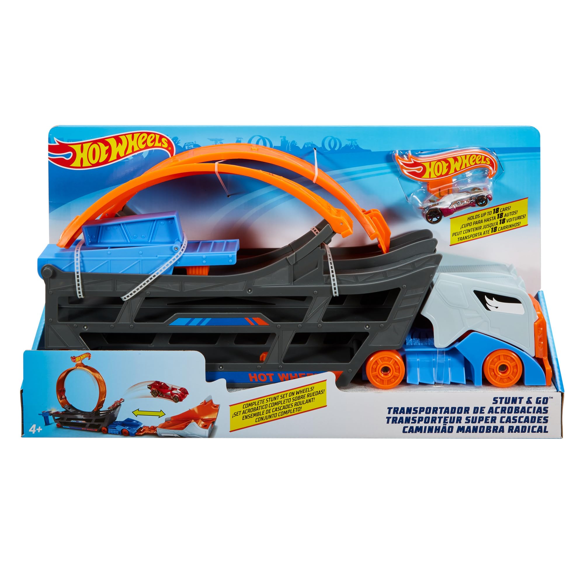 Hot Wheels Transporter Truck Mobile Play Set Large Loop Collapsible Launcher Room for 18 Die-Cast 1:16 Vehicles Ages 3 and Up, GCK38 — image 1