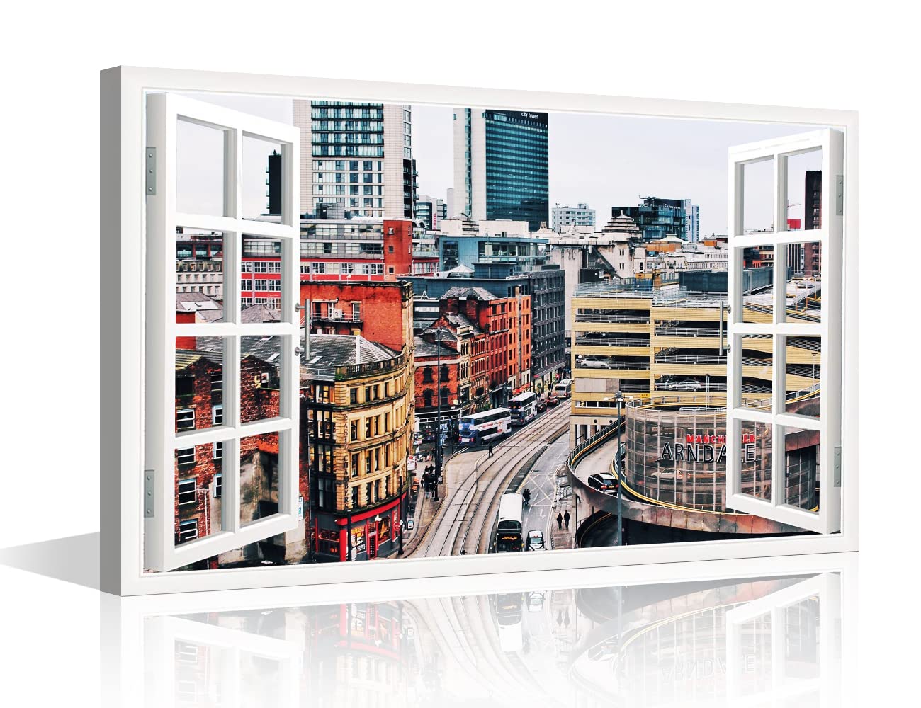 3D Window View Manchester Canvas Wall Art England Cityscape Poster Panorama Canvas Art Print for Living Room Bedroom Dining Room Office Wall Decor Stretched and Framed Ready to Hang - 24"W x 16"H