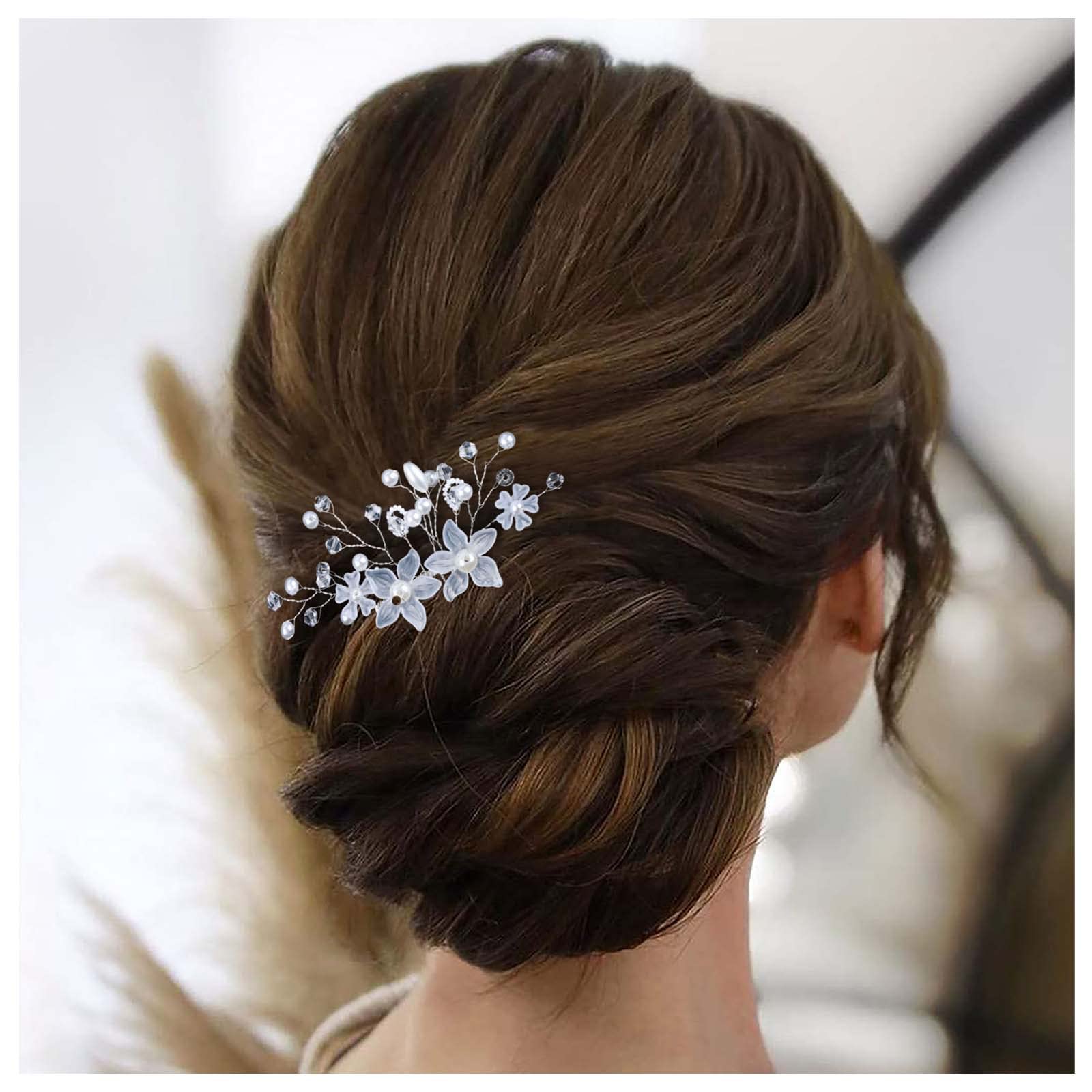 Cimenexe Bohemian Crystal Flower Hair Comb Rhinestone Flower Headpiece Silver Pearl Hair Barrette Vintage Pearl Flower Headwear Hairpiece Decorative Wedding Comb Hair Accessories Jewelry for Women
