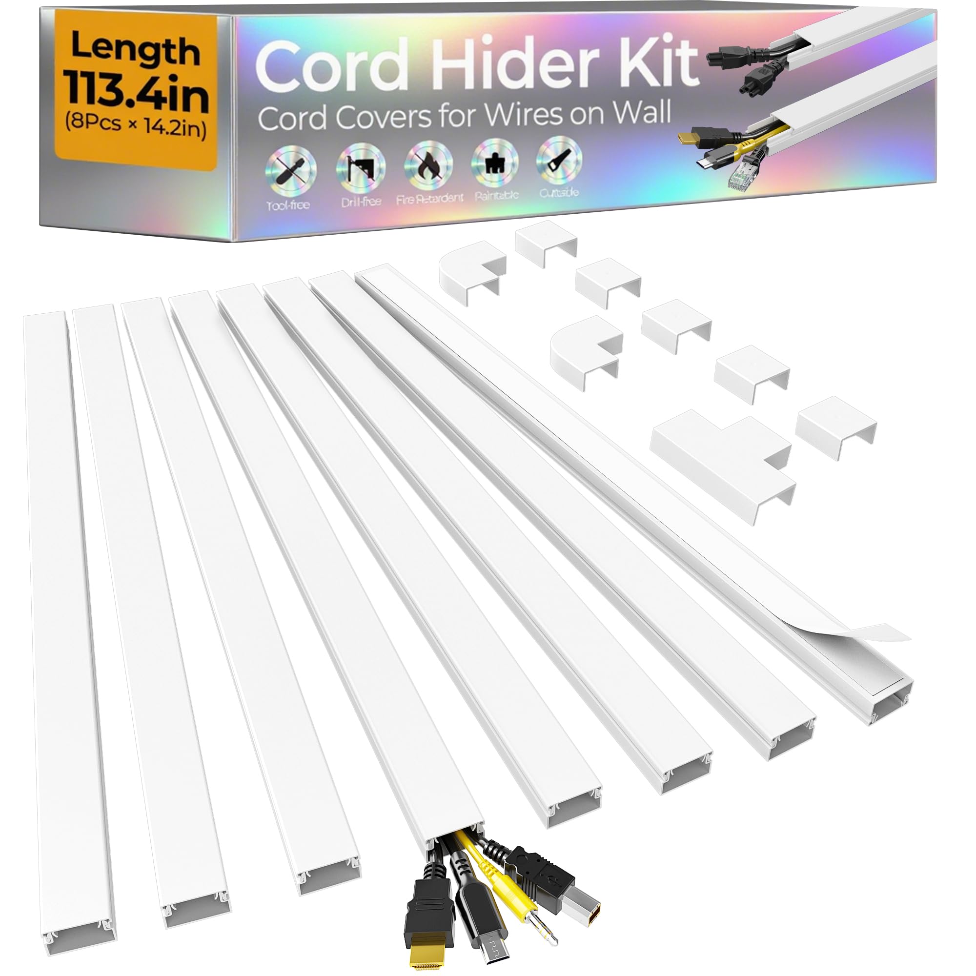 View 1 of 113.4in Cord Hider Kit, Cord Covers for 2-4 Wires on Wall, Self-Adhesive Cable Hider Wire Covers for Cords on Wall, Paintable Cord Hider for Walls Mount Tv, Cable Cover Raceway, W0.95 H0.55in, White
