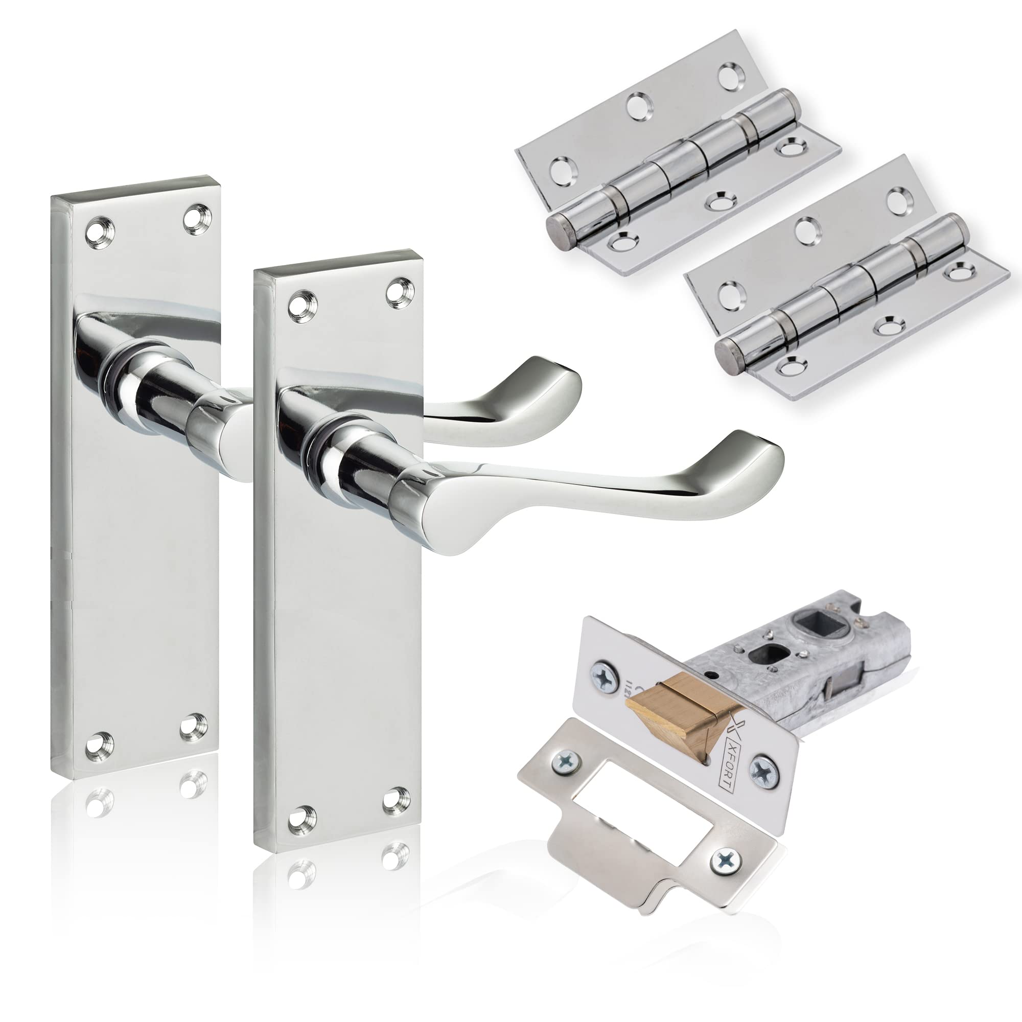 XFORT Chrome Elegance Range Polished Chrome 6" Victoran Scroll Lever Latch Door Pack, Complete Set with Door Handles, 65mm Tubular Latch and 75mm Ball Bearing Hinges, for Internal Wooden Doors — image 1