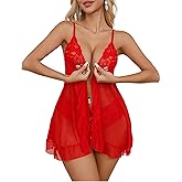 PITINAN Womens Lingerie Sexy Lingerie for Women Lace Babydoll Open Front Mesh Chemise Negligee S-3XL