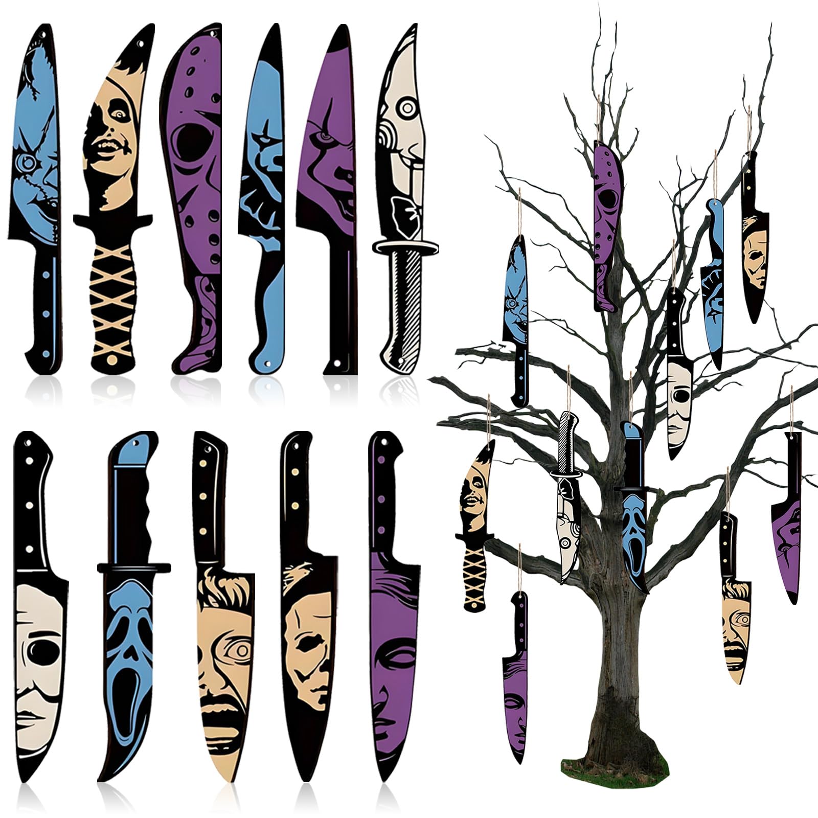 View 1 of *** PARTIAL SET/ ONLY 3 PIECES*** 12pcs Horror Ornaments Horror Movie Gifts Horrors Decorations Wooden Hanging Knife Shaped Pendants Ghost Decor Spooky Ornament Creepy Ornaments Horrors Movie Merchandise Indoor Outdoor