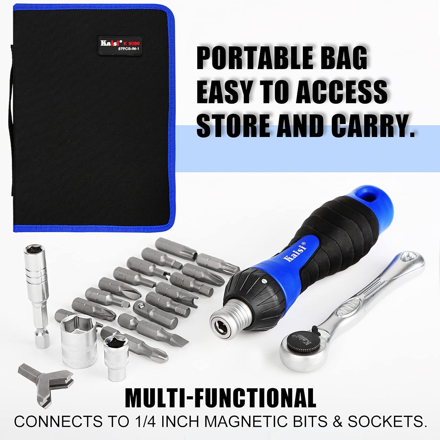 Kaisi 87-Piece Ratcheting Screwdriver Set Ratchet Wrench Magnetic Drive Kit 67 Multi-Size Bits and 1/4" Drive Sockets with Portable Oxford Bag for Home Repair, Improvement, Garage. Best Tool Set Gift: Home Improvement