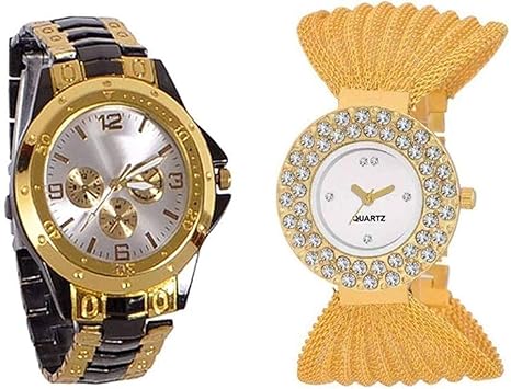 Paper Cut Analogue Round Black and Gold Dial Smart Couple Combo Chain Strap Wrist Watches for Men & Women