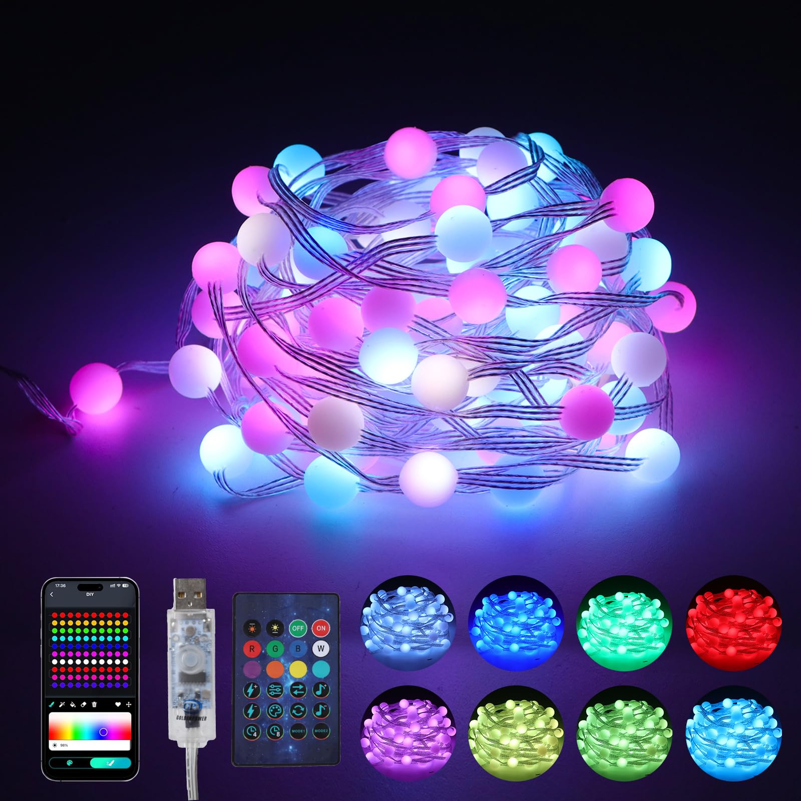 Photo 1 of Vigdur 33FT RGB Globe String Lights, 100 Balls DIY Color Changing Fairy Lights USB Powered with Remote & APP Control, Music Sync, Christmas Twinkle Light for Bedroom Party Xmas Tree