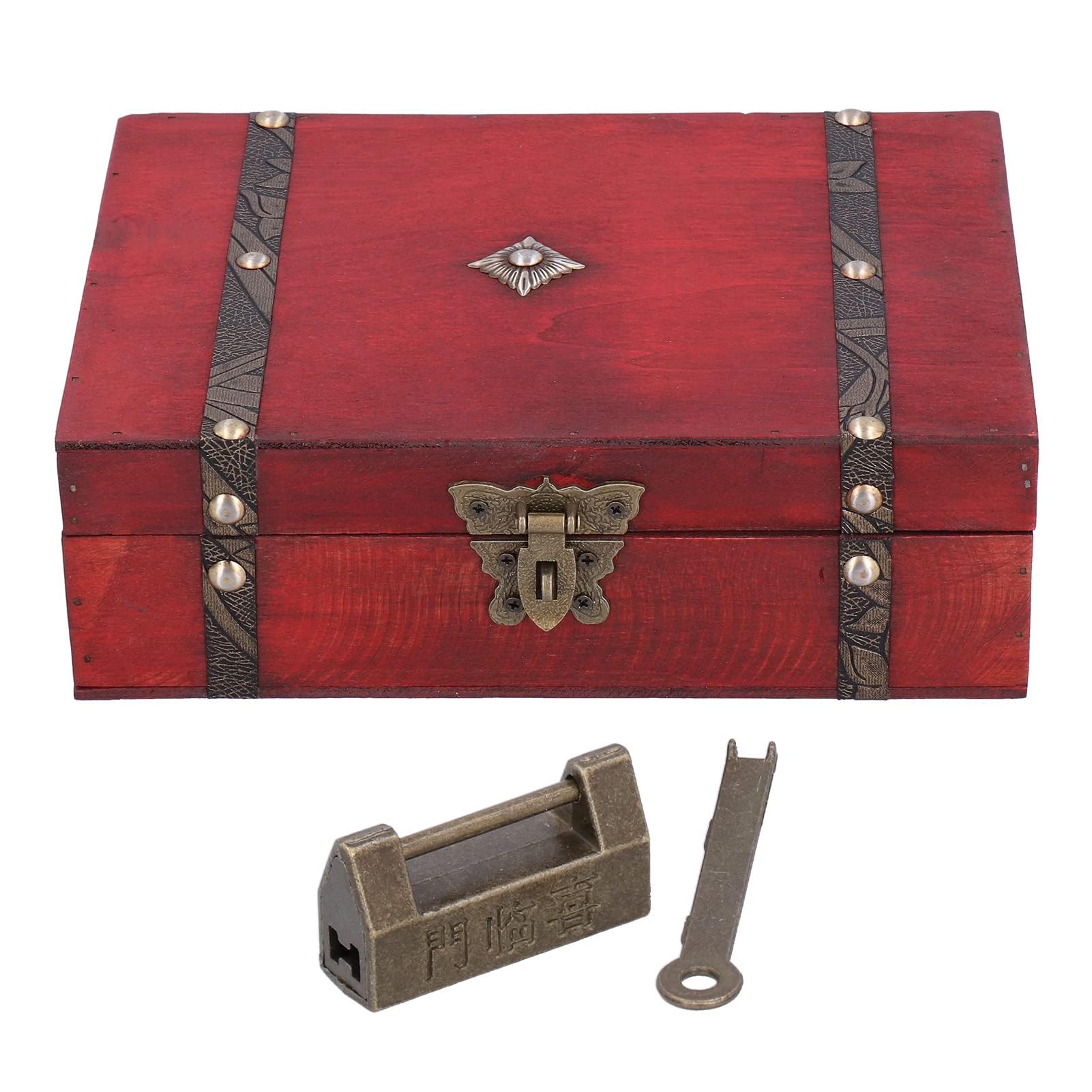 HERCHR Small Wooden Treasure Chest,Wooden Memory Keepsake Box,Wooden Vintage Storage Box Chest Treasure Box,Handmade Jewelry Box with Lock 9.1x6.3x3inch Decorative Box for Jewelry, Tarot Cards