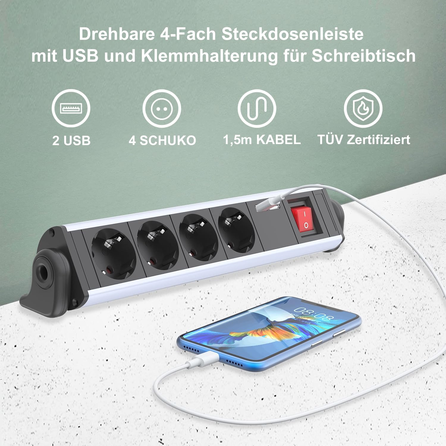 Drehbare Steckdosenleiste mit USB für Schreibtisch, TÜV/GS Zertifiziert 2