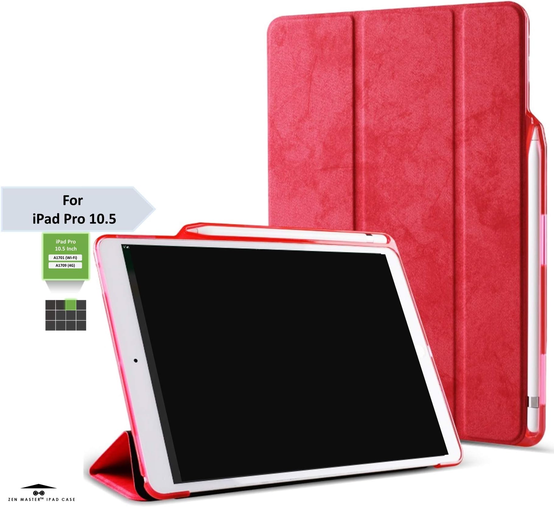 Zen Master 10.5 Magnetic Stand Tri-fold Flip Case with Pencil Holder for Apple iPad/Pro (Red)