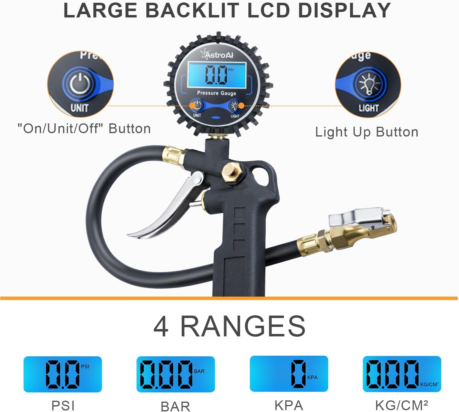 AstroAI Digital Tire Inflator with Pressure Gauge, 250 PSI Air Chuck and Compressor Accessories Heavy Duty with Rubber Hose and Quick Connect Coupler for 0.1 Display Resolution: Automotive