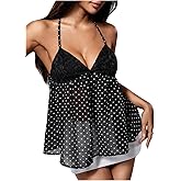 Milumia Women's Polka Dots Halter Top Lace Patchwork V Neck Flared Hem Shirt Summer Going Out Tops