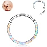 BodyBonita Hinged Opal Nose Rings Hoops - 16G/18G/20G 316L Surgical Steel Hinged Hoop Nose Rings Septum Rings Conch Helix Daith Piercing Jewelry Purple/Pink/Blue/White 10mm/8mm Silver/Gold Plated