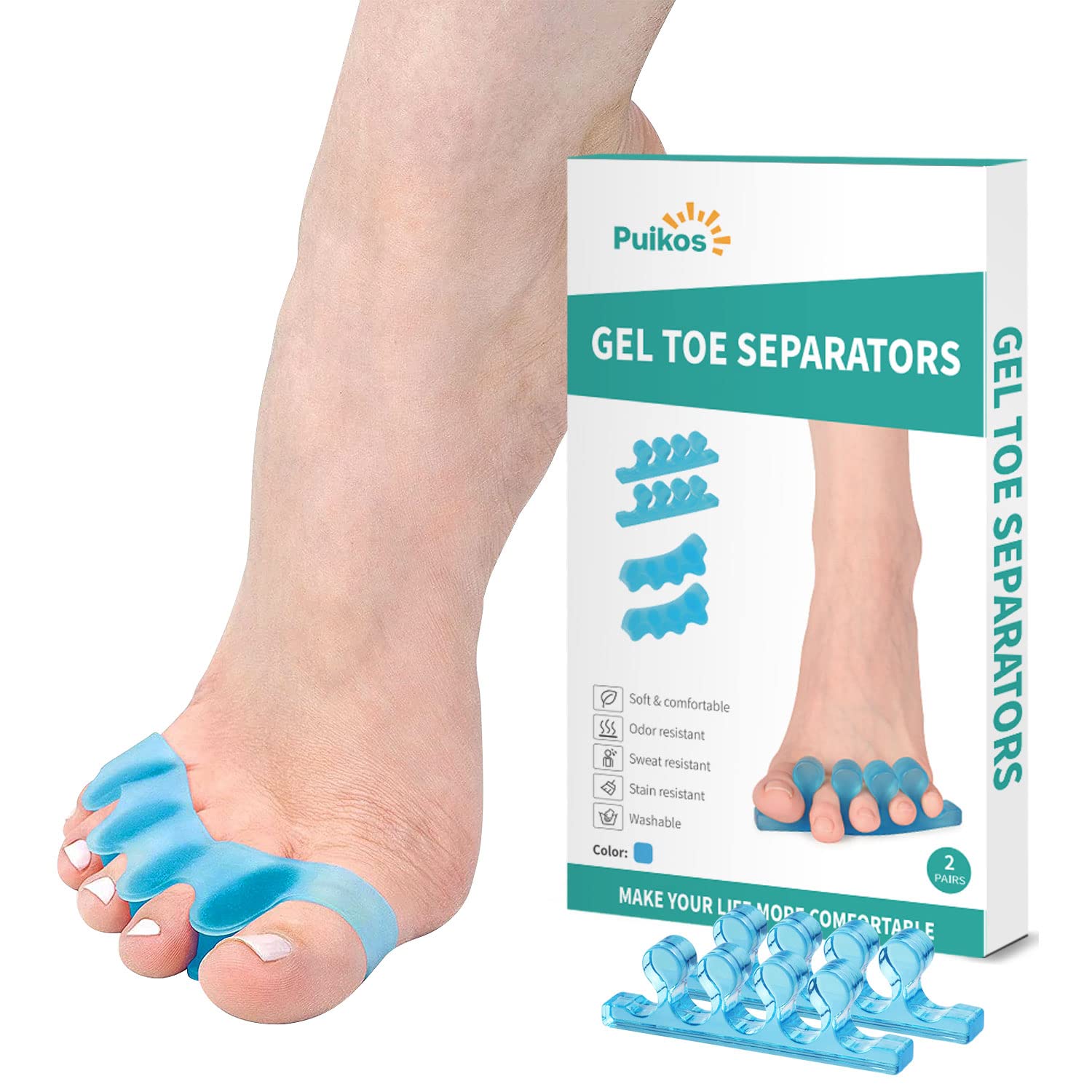 Puikos Toe Separator Toe Spacers Toe Straightener Alignment Orthotics Toe Dividers for Overlapping Toes Relief Bunion Hammer Toes Plantar Fasciitis Crooked Pedicure Nail Polish Yoga (blue)