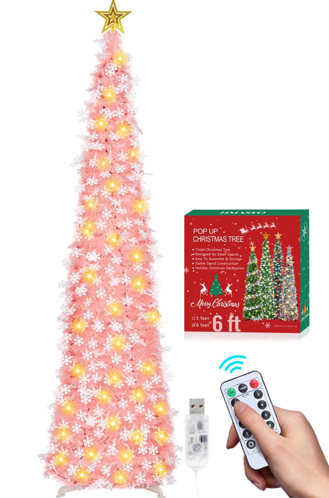 Photo 1 of **NO REMOTE**HMASYO 6 FT Pop Up Tinsel Christmas Tree with 100 LED Timer Lights & Remote, Pink Collapsible Artificial Pencil Tree with Snowflake Ornaments Xmas Decoration for Home, Office, Party, USB Powered