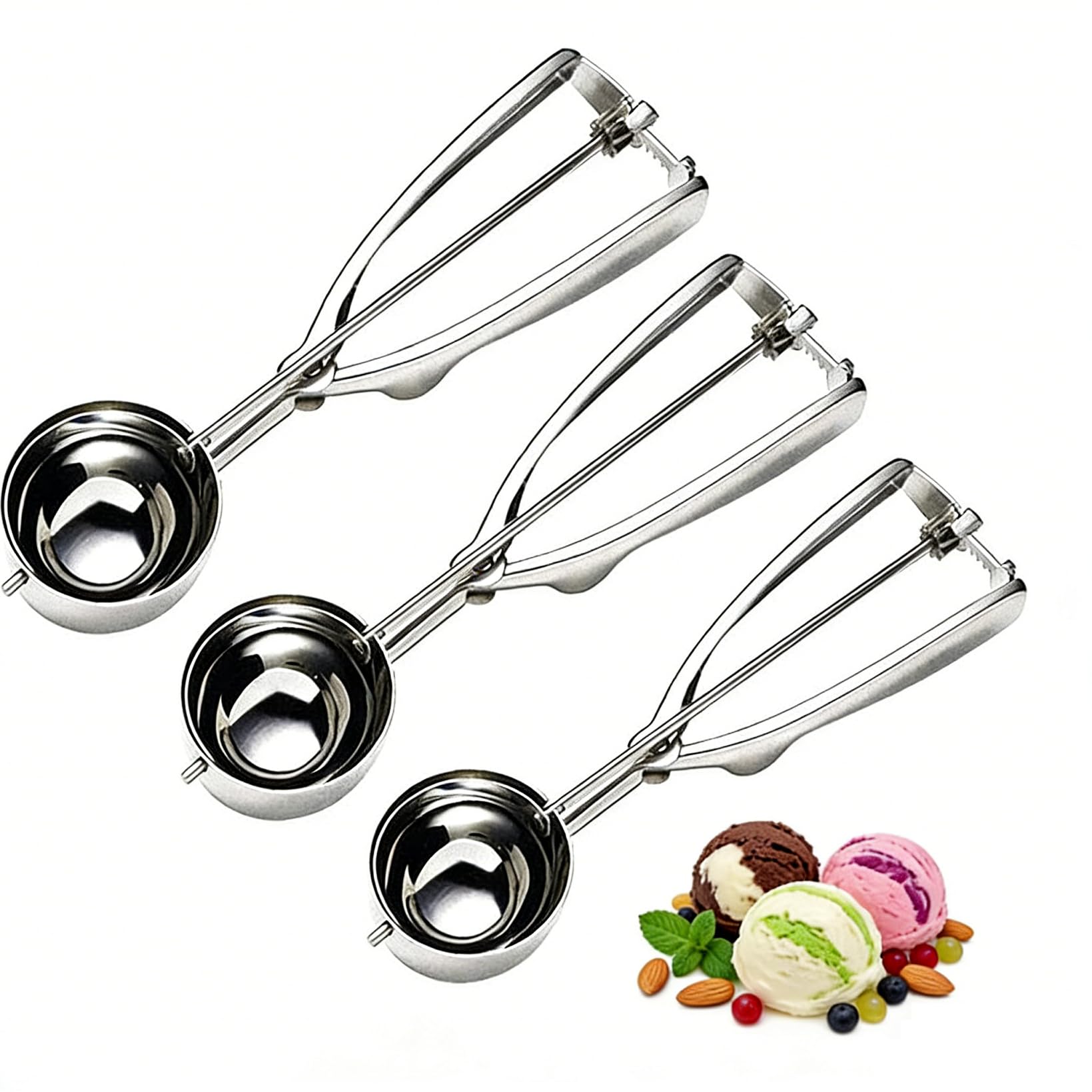 Ice Cream Scoop, Cookie Scoops for Baking,Polished Stainless Steel Ice Cream Scoop, 3Pcs Different Sizes Ice Cream Spoon, Melon Balls, Biscuit Dough Baking Supplies