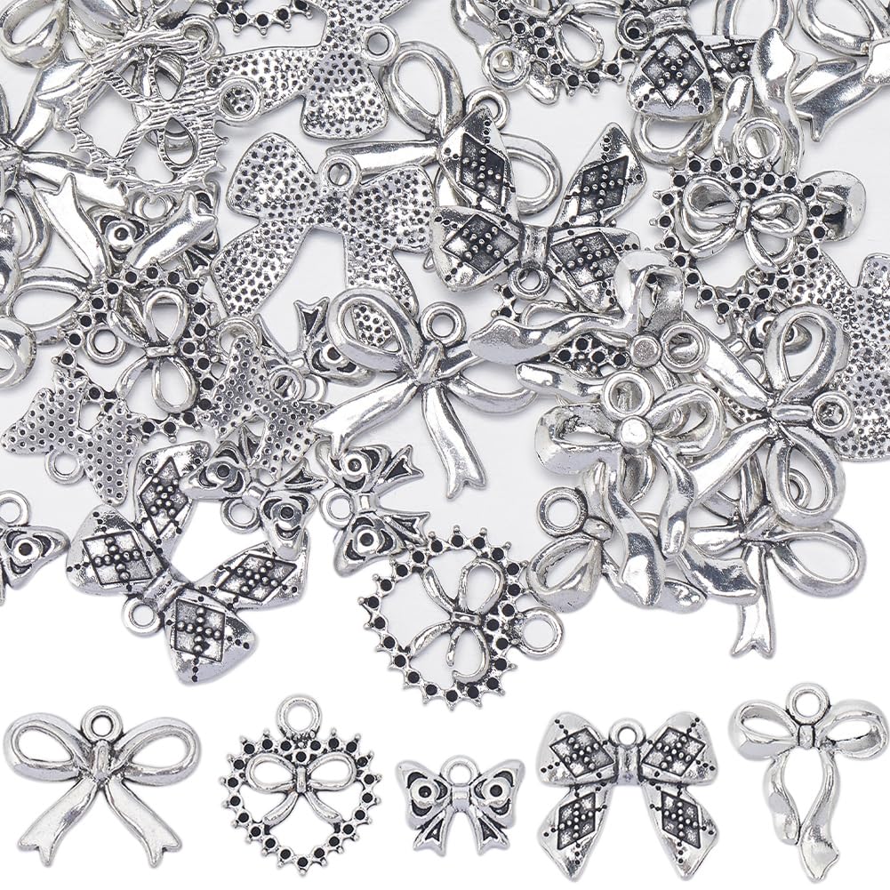 SUNNYCLUE 1 Box 50Pcs 5 Styles Bow Charms Bowknot Charm Alloy Silver Hollowed Tibetan Style Halloween Christmas Bow knot Charms for jewellery Making Charms Supplies DIY Crafting Necklace Bracelets