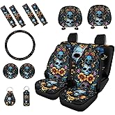 PCSJRKG Skull Flower Printed 15 Pcs Car Seat Cover Full Set, Car Accessory Set Front Rear Seat Covers Steering Wheel Cover Seat Belt Covers Car Coaster Car Headrest Cover