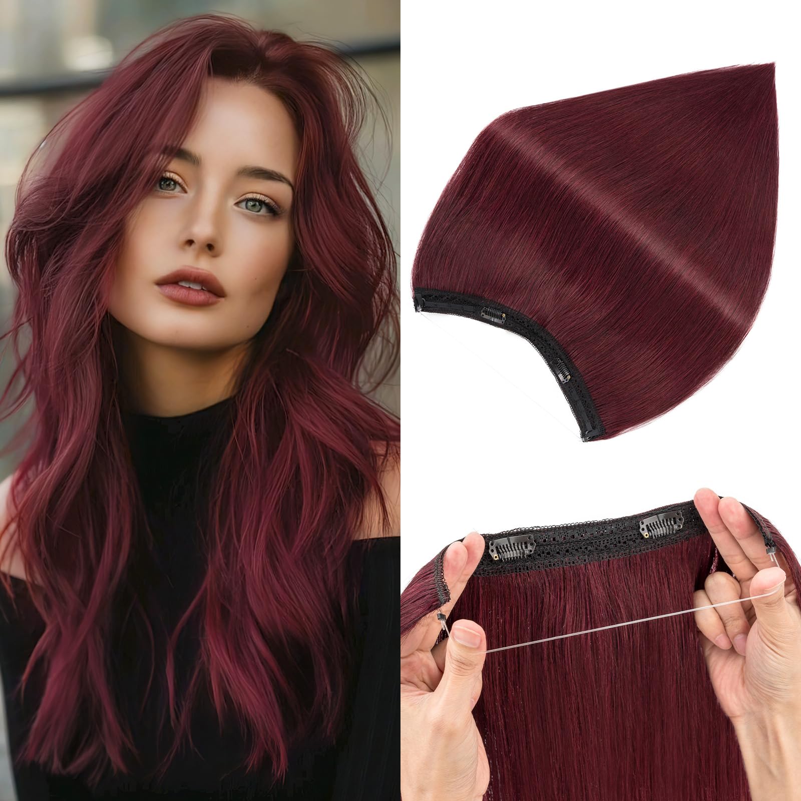 Photo 1 of Halo Hair Extensions,S-noilite Halo Hair Extensions Real Human Hair,100% Thick Human Hair Halo Extensions for Women,18 Inch(80g) Wine Red