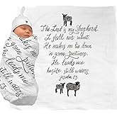 The Lord is My Shepherd (Psalm 23) Muslin Swaddle & Bonus Baby Hat with Scripture Quote - 100% Organic Unbleached Cotton - Swaddle/Blanket - Unique Shower & Baptism Gift