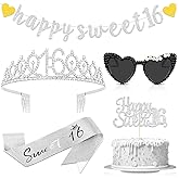 JaGely 5 Pcs Silver Sweet 16 Birthday Decorations Include Sweet 16 Crown Tiara and Sash, Heart Sunglasses, Glitter Happy Banner and Cake Topper for16th Birthday Party Accessories Supplies