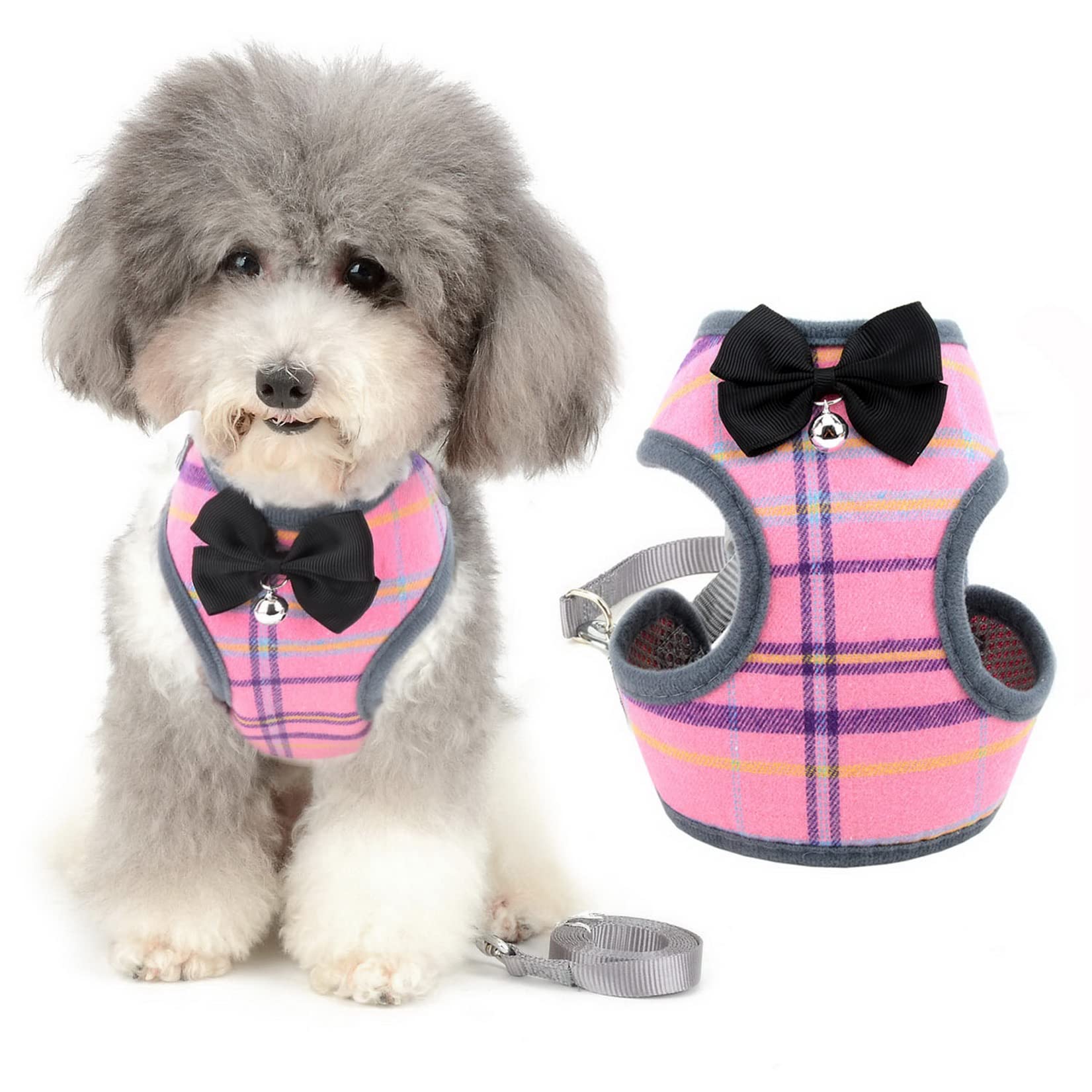 Zunea No Pull Small Dog Harness and Lead Sets Adjustable Soft Mesh Plaid Tuxedo Vest Clothes with Bowtie and Safety Bell for Puppy Chihuahua, Escape proof Cats Harnesses for Walking Pink S