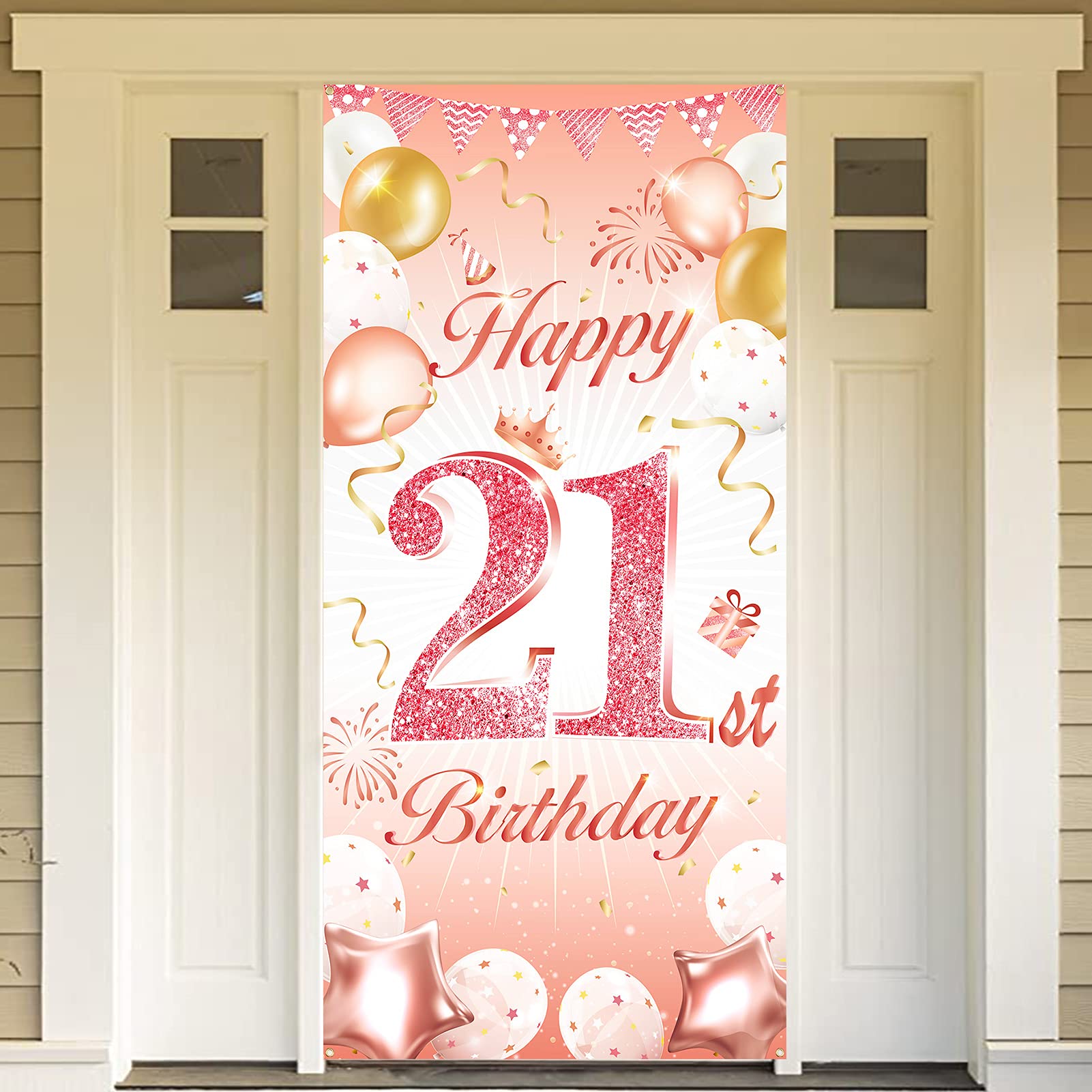 DPKOW Rose Gold 21st Birthday Party Decoration Girl Woman, Rose Gold 21st Birthday Banner for Backdrop Door Decoration for Garden Table Wall, 185 x 90cm Fabric