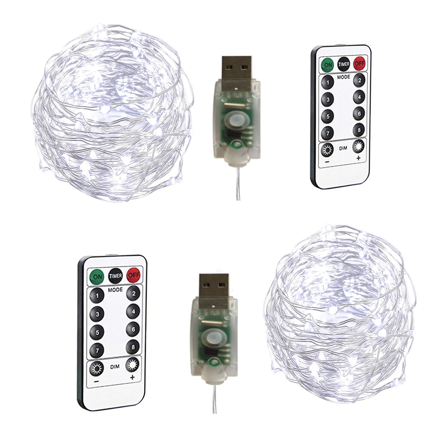 BXROIU 100LEDs Micro Fairy Lights in 10Meter Silver Wire with USB Remote Control 8 Program and Timing Dimming LED Lights for Party, Room Decoration, Christmas Pack of 2 (Cool White)