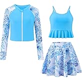 YOURUIKEY Girls Swimsuit 3 Pieces Long Sleeve Zip Rash Guard Set Bikini Bathing Suits Summer Swimwear with Skirt 7-14 Years