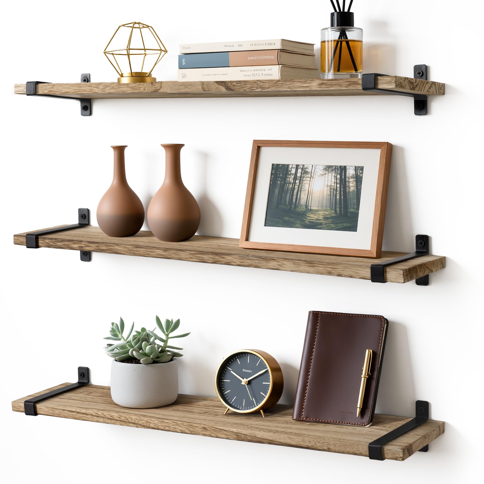 Gronda Rustic Floating Shelves for Wall, 60cm Wooden Wall Mount Bookshelves Hanging Organizer Storage Shelf Farmhouse Wood Decor for Living Room Kitchen Bedroom Bathroom Set of 3, Carbonized