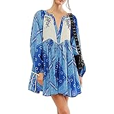 OFSOAK Women's Boho Mini Dress Floral Embroidered Tie Neck 3/4 Long Sleeve Sundress Casual Bohemian Loose Beach Babydoll Blue