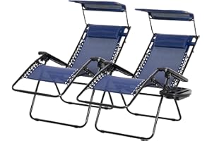 Outsunny Zero Gravity Chair Set of 2 with Canopy Shade, Outdoor Folding Lounge Chair with Side Tray, Cup Holder, Reclining Lo