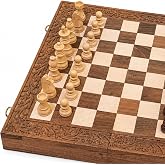 15" Wooden Foldable Chess Set, Handcrafted, Magnetic Board Game | Handcrafted wood chess game with foldable board, 34 magnetic pieces, carved border, and built-in storage