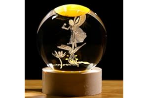 Arikyrist 3D Crystal Ball Lamp Decor Glass Sphere Paperweight with LED Wooden Base, 3D Laser Engraved Glass Fairy Figurines Night Light Gifts for Home Office Decor