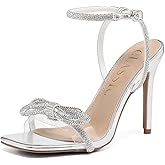 BiuYorBTY Women's Double Bowknots Heels Crystal Sandals, Silver Strappy High Heels for Women Open SquareToe Clear Heels Wedding Shoes Ankle Strap Crystal Rhinestonefor