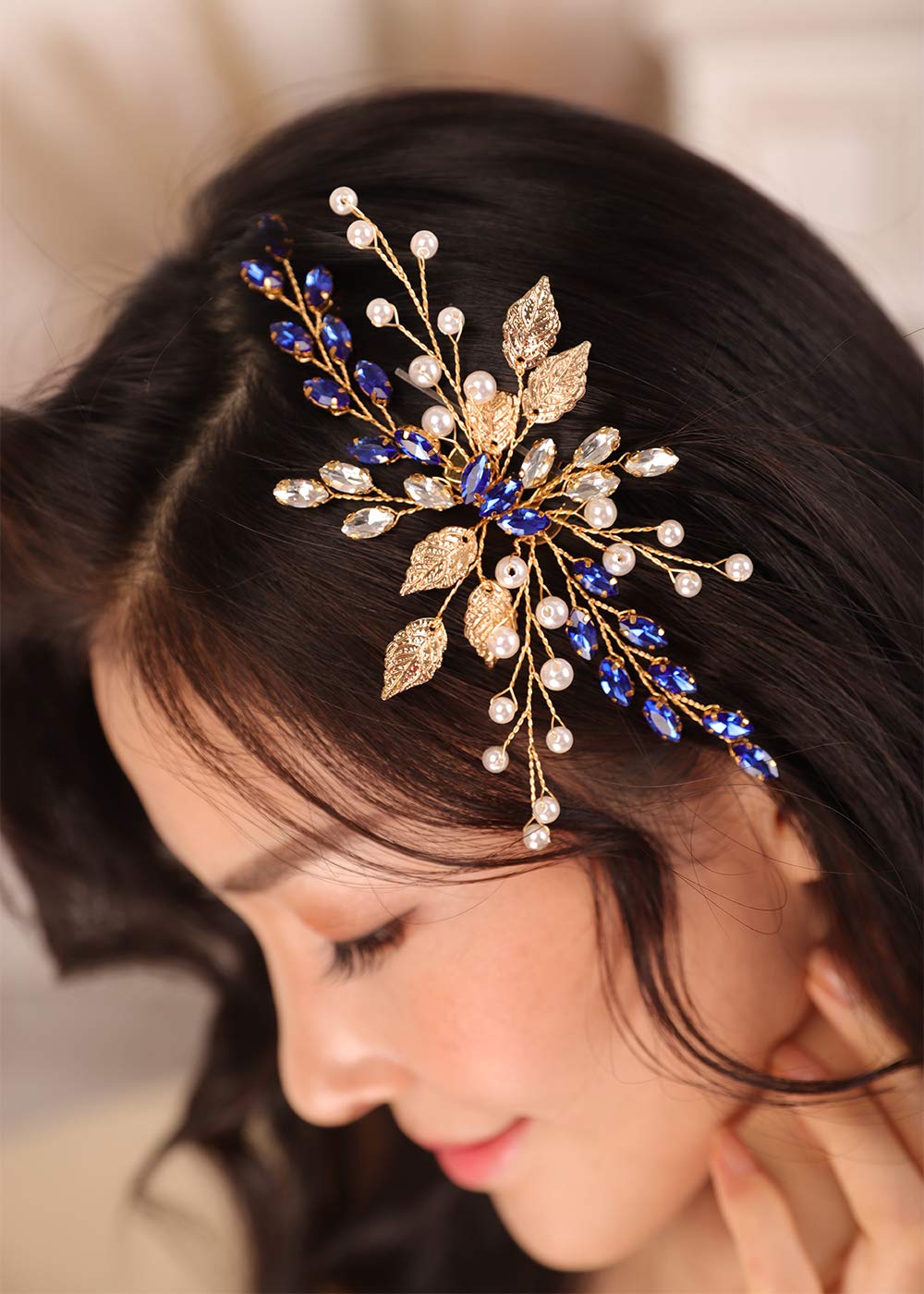 Kercisbeauty Gold Leaf Hair Comb with Blue Crystal Wedding Bridal Hair Piece Pearl Handmade Jewelry for Special Occasion
