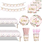147 Pcs 1st Birthday Party Supplies, Girls’ One Birthday Plates Napkins Cups Straws Tablecloth Forks Dinnerware, First Year Floral Party Decorations Favors for Baby Shower, Serves 24 Guests
