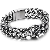 COOLSTEELANDBEYOND Men's Stainless Steel Wolf Head Bracelet, Textured Scale Link Curb Chain, Vintage Norse Viking